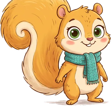 Momo, ein kleines goldorangenes Eichhörnchen mit grünen Augen und türkisem Schal